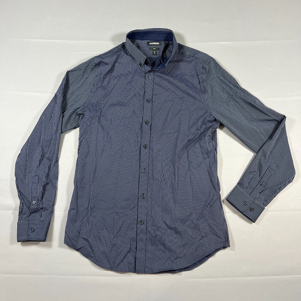 Express Dress Shirt Mens M Navy White Striped Slim Moisture Wicking Button Down